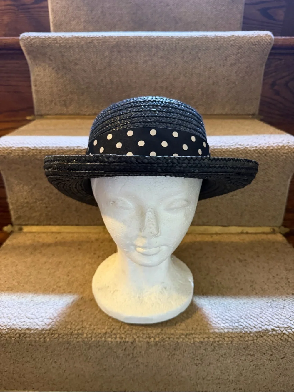 Black Straw Sun Hat with Polka Dot Band - Women's Accessories